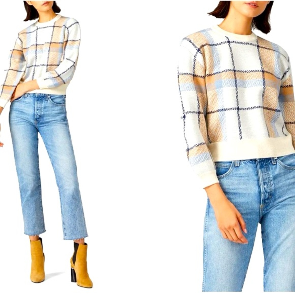 NWT, Joie Womens Ivory Plaid Crew-Neck Long-Sleeve Drop-Shoulder Wool Sweater XS